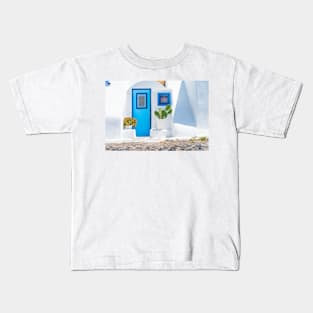 White exterior Mediterranean style entrance with blue door Kids T-Shirt